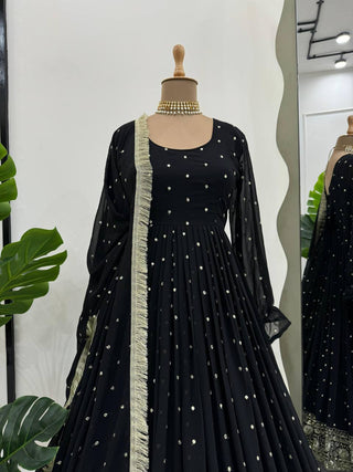 Black Elegant Faux Georgette Long Gown Set with Dupatta Clothsvilla
