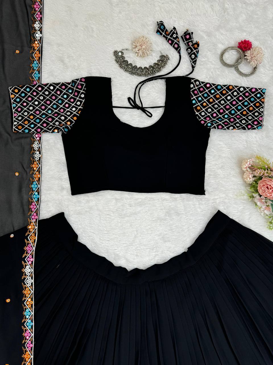 Black Elegant Faux Georgette Semi-Stitched Lehenga Choli Set with Dupatta ClothsVilla
