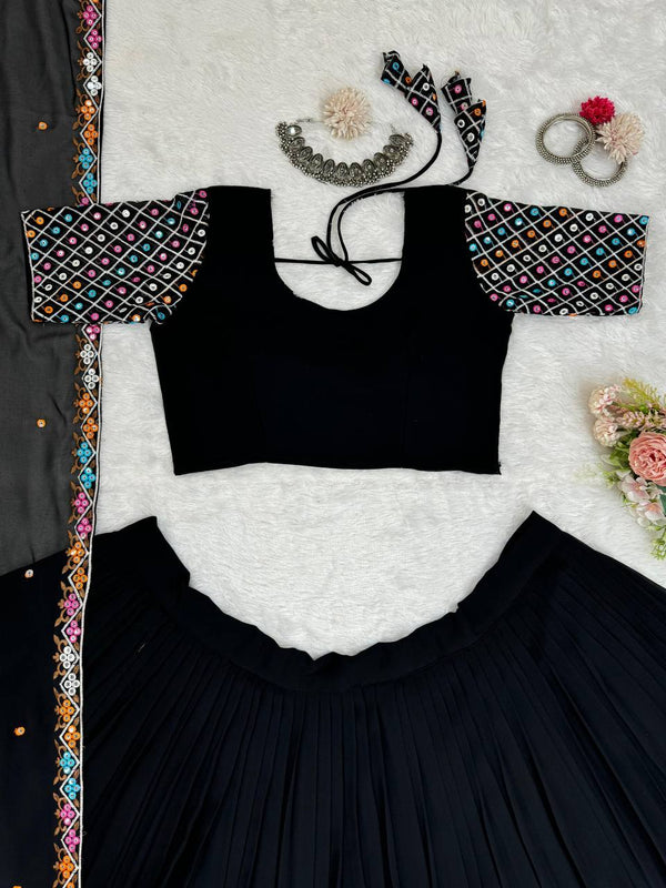 Black Elegant Faux Georgette Semi-Stitched Lehenga Choli Set with Dupatta ClothsVilla