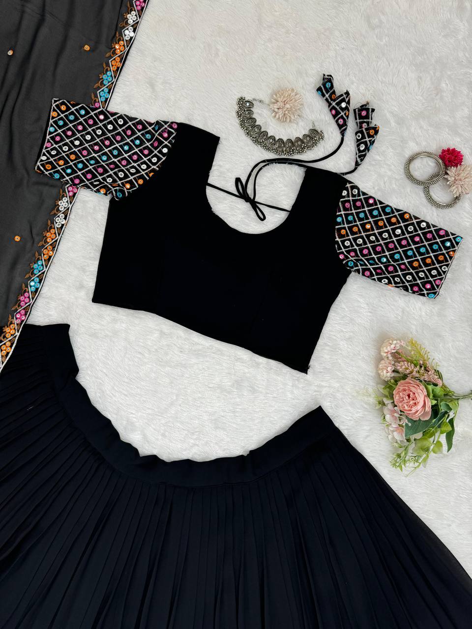 Black Elegant Faux Georgette Semi-Stitched Lehenga Choli Set with Dupatta ClothsVilla
