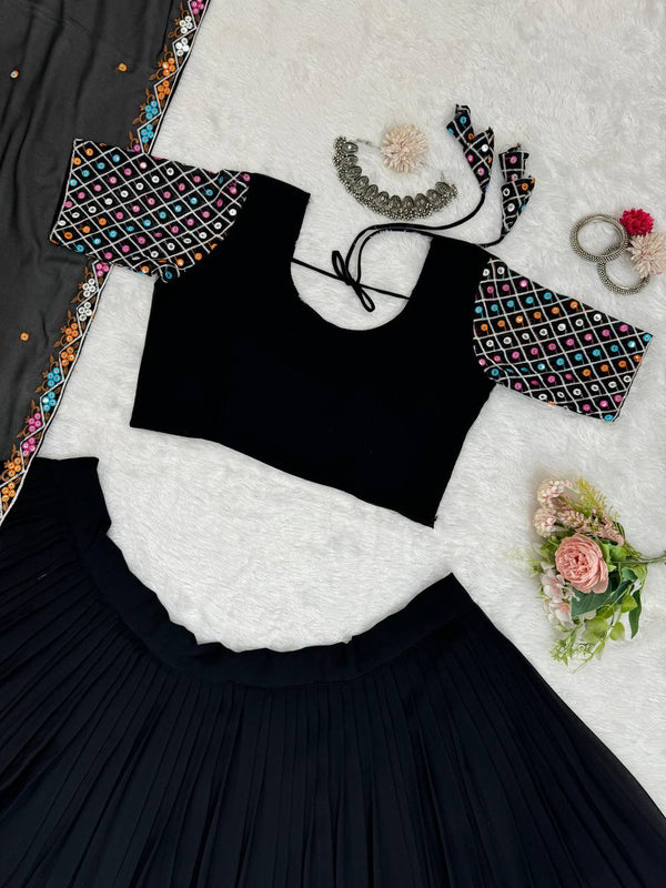 Black Elegant Faux Georgette Semi-Stitched Lehenga Choli Set with Dupatta ClothsVilla