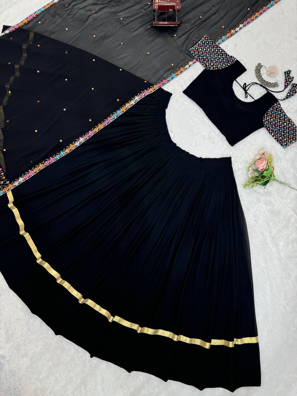 Black Elegant Faux Georgette Semi-Stitched Lehenga Choli Set with Dupatta ClothsVilla