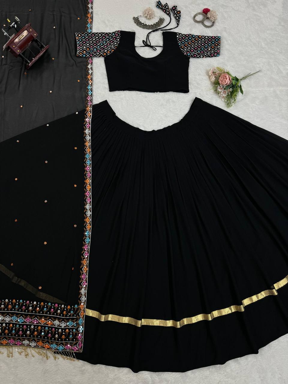 Black Elegant Faux Georgette Semi-Stitched Lehenga Choli Set with Dupatta ClothsVilla