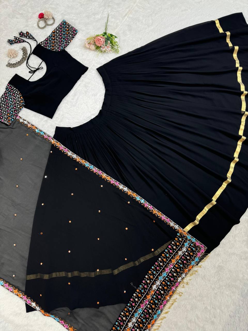Black Elegant Faux Georgette Semi-Stitched Lehenga Choli Set with Dupatta ClothsVilla