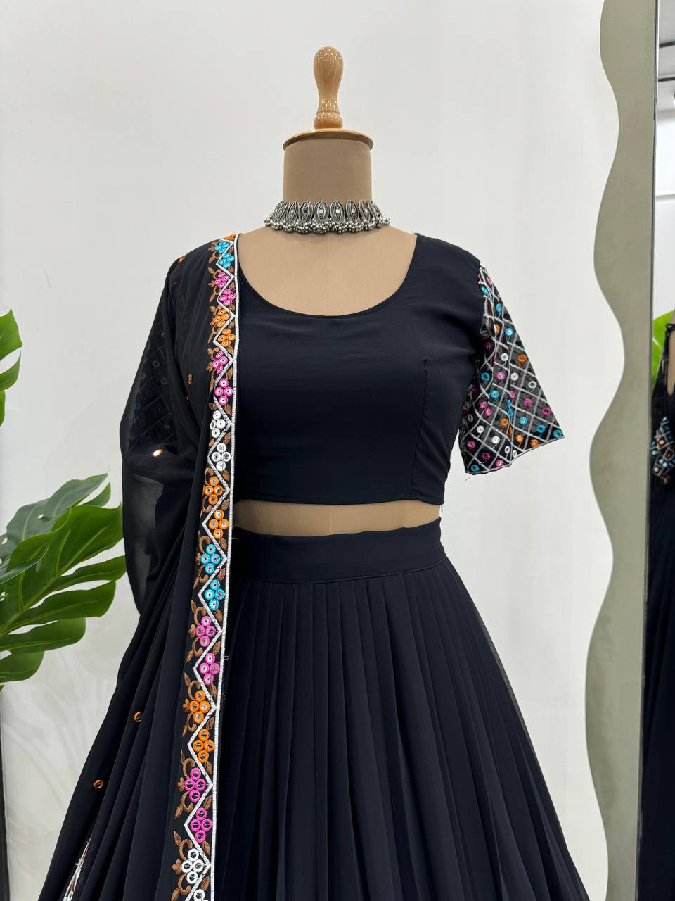 Black Elegant Faux Georgette Semi-Stitched Lehenga Choli Set with Dupatta ClothsVilla