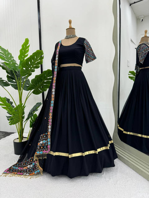 Black Elegant Faux Georgette Semi-Stitched Lehenga Choli Set with Dupatta ClothsVilla Main image