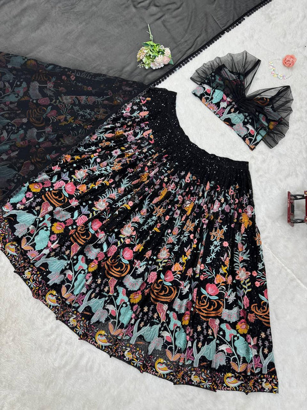 Black Elegant Faux Georgette Semi-Stitched Lehenga Set with Thread & Sequin Work ClothsVilla