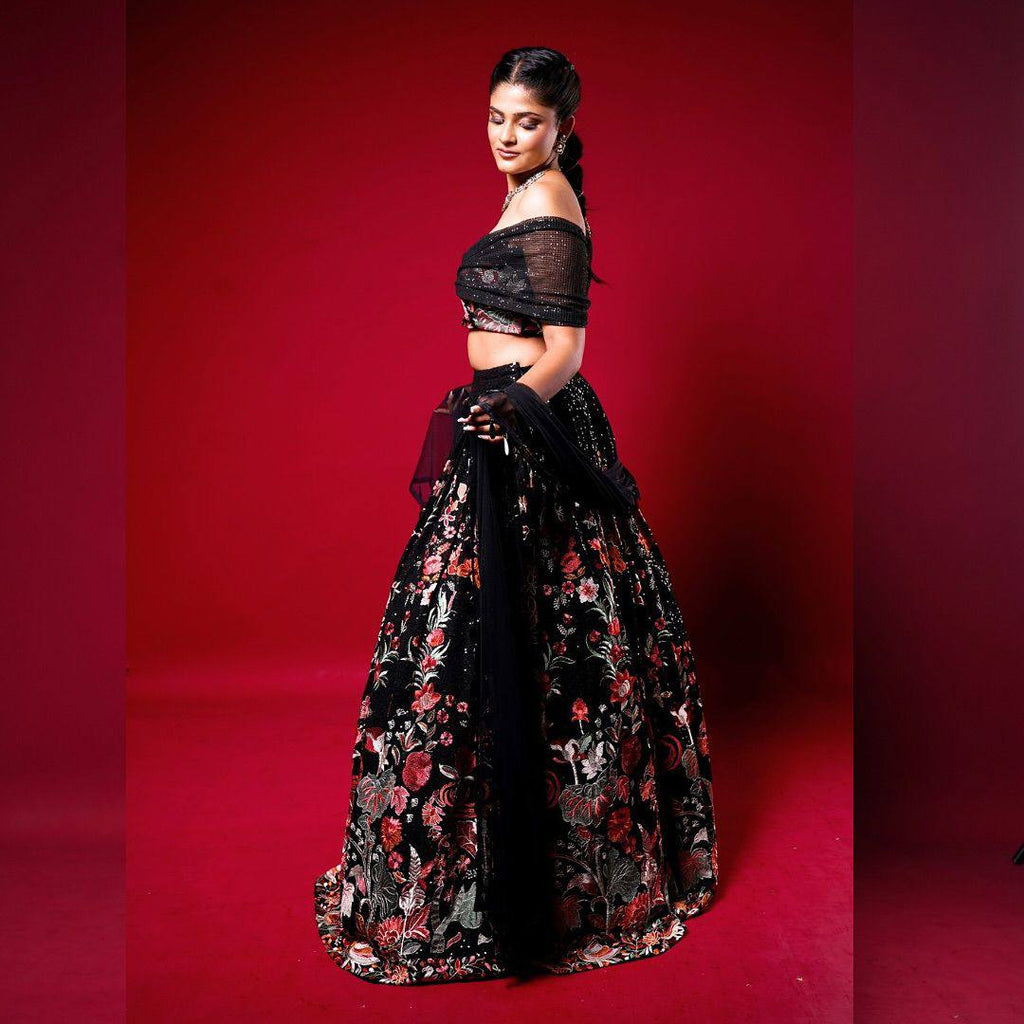 Black Elegant Faux Georgette Semi-Stitched Lehenga Set with Thread & Sequin Work ClothsVilla