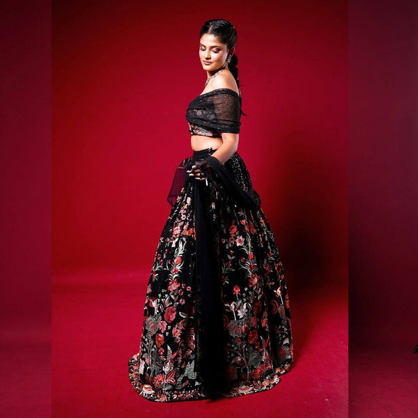Black Elegant Faux Georgette Semi-Stitched Lehenga Set with Thread & Sequin Work ClothsVilla
