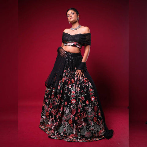 Black Elegant Faux Georgette Semi-Stitched Lehenga Set with Thread & Sequin Work ClothsVilla Main image