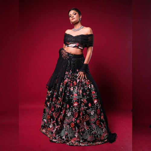 Black Elegant Faux Georgette Semi-Stitched Lehenga Set with Thread & Sequin Work ClothsVilla
