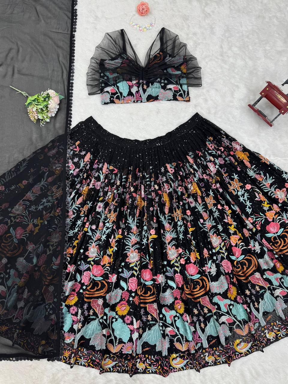 Black Elegant Faux Georgette Semi-Stitched Lehenga Set with Thread & Sequin Work ClothsVilla