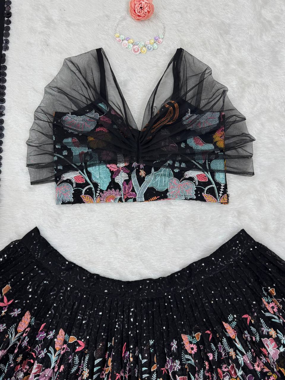 Black Elegant Faux Georgette Semi-Stitched Lehenga Set with Thread & Sequin Work ClothsVilla