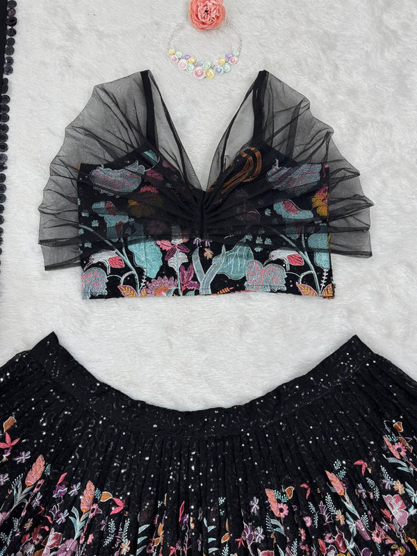 Black Elegant Faux Georgette Semi-Stitched Lehenga Set with Thread & Sequin Work ClothsVilla