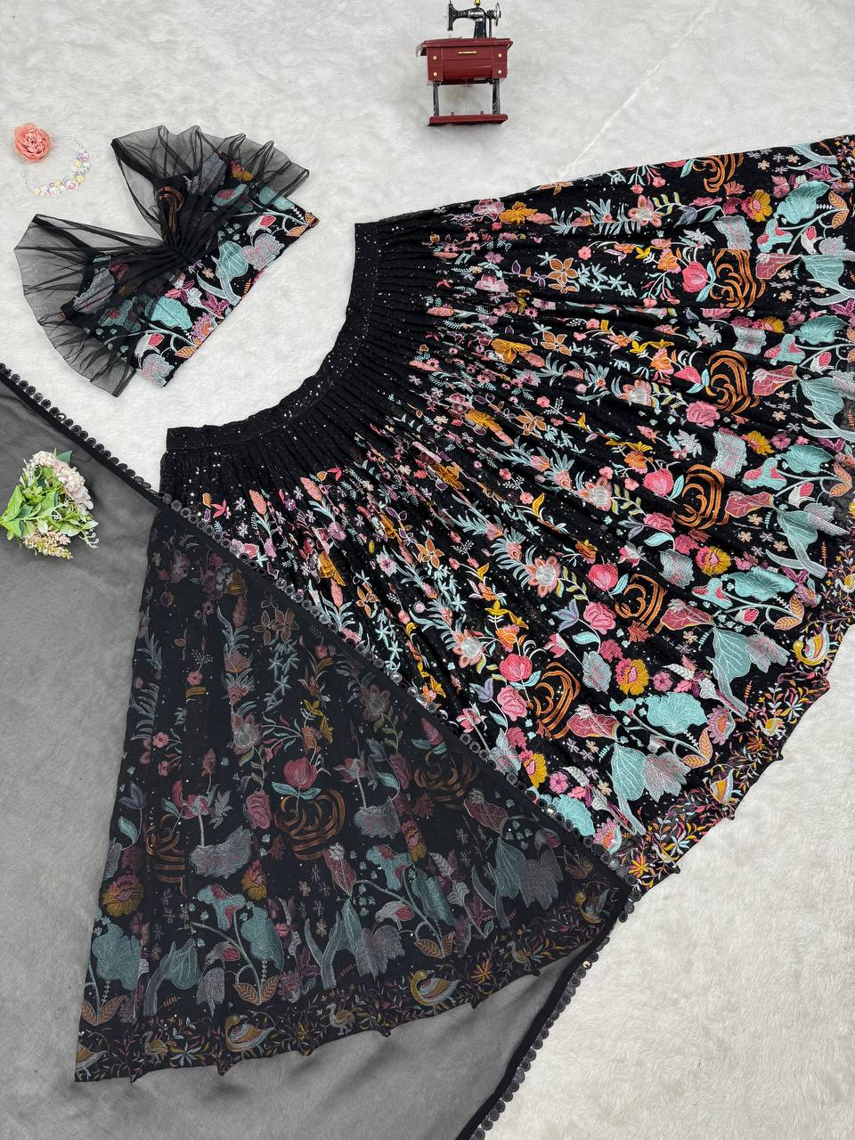 Black Elegant Faux Georgette Semi-Stitched Lehenga Set with Thread & Sequin Work ClothsVilla