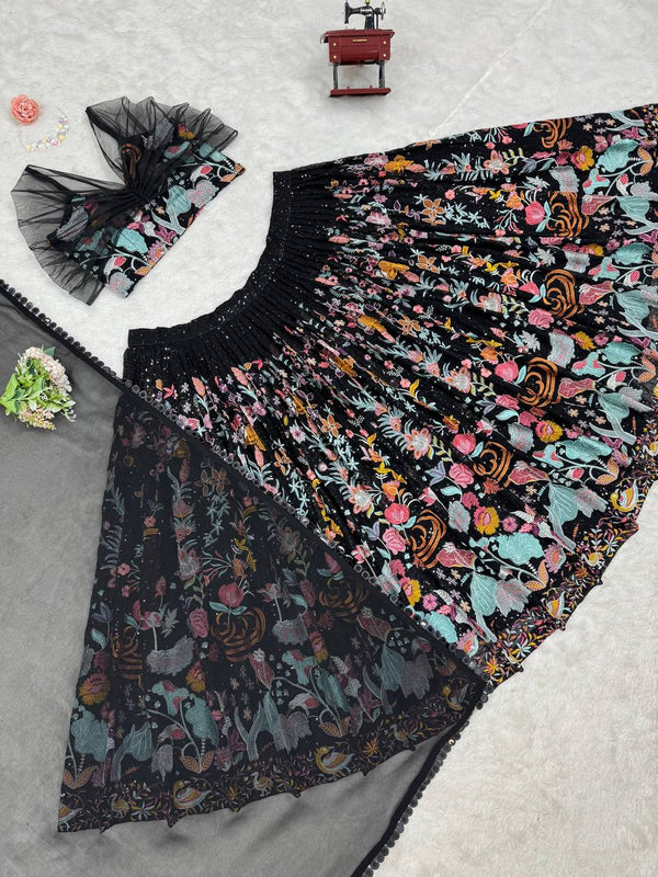 Black Elegant Faux Georgette Semi-Stitched Lehenga Set with Thread & Sequin Work ClothsVilla