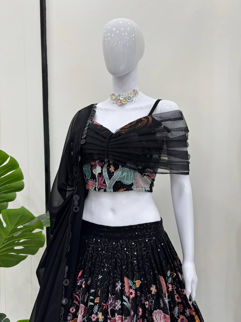 Black Elegant Faux Georgette Semi-Stitched Lehenga Set with Thread & Sequin Work ClothsVilla