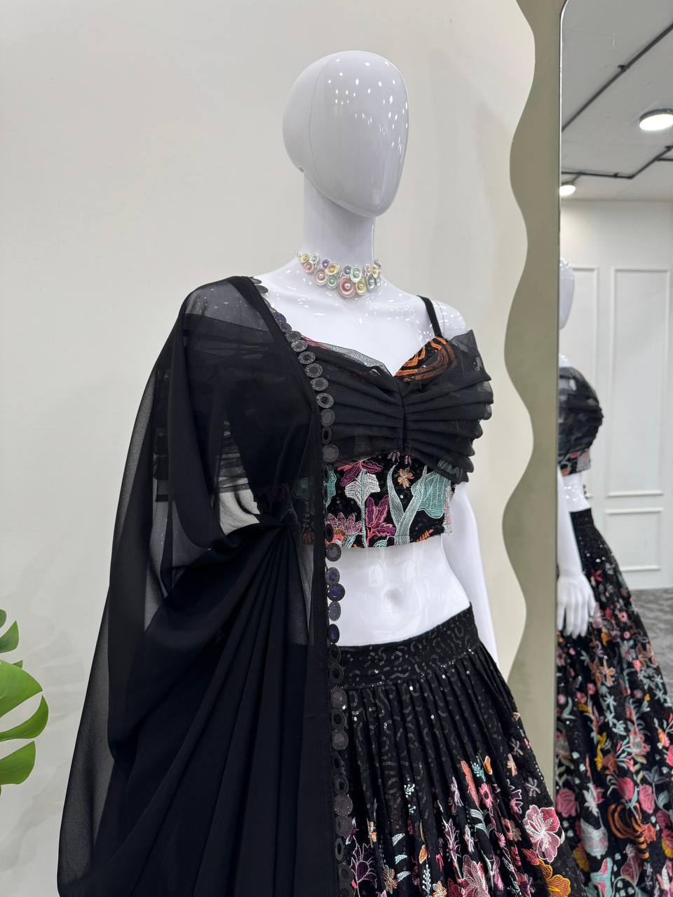 Black Elegant Faux Georgette Semi-Stitched Lehenga Set with Thread & Sequin Work ClothsVilla