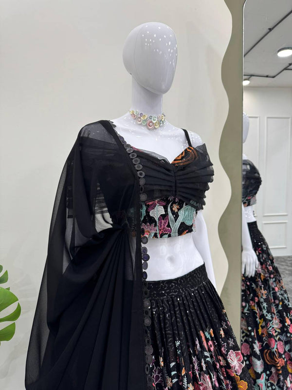 Black Elegant Faux Georgette Semi-Stitched Lehenga Set with Thread & Sequin Work ClothsVilla