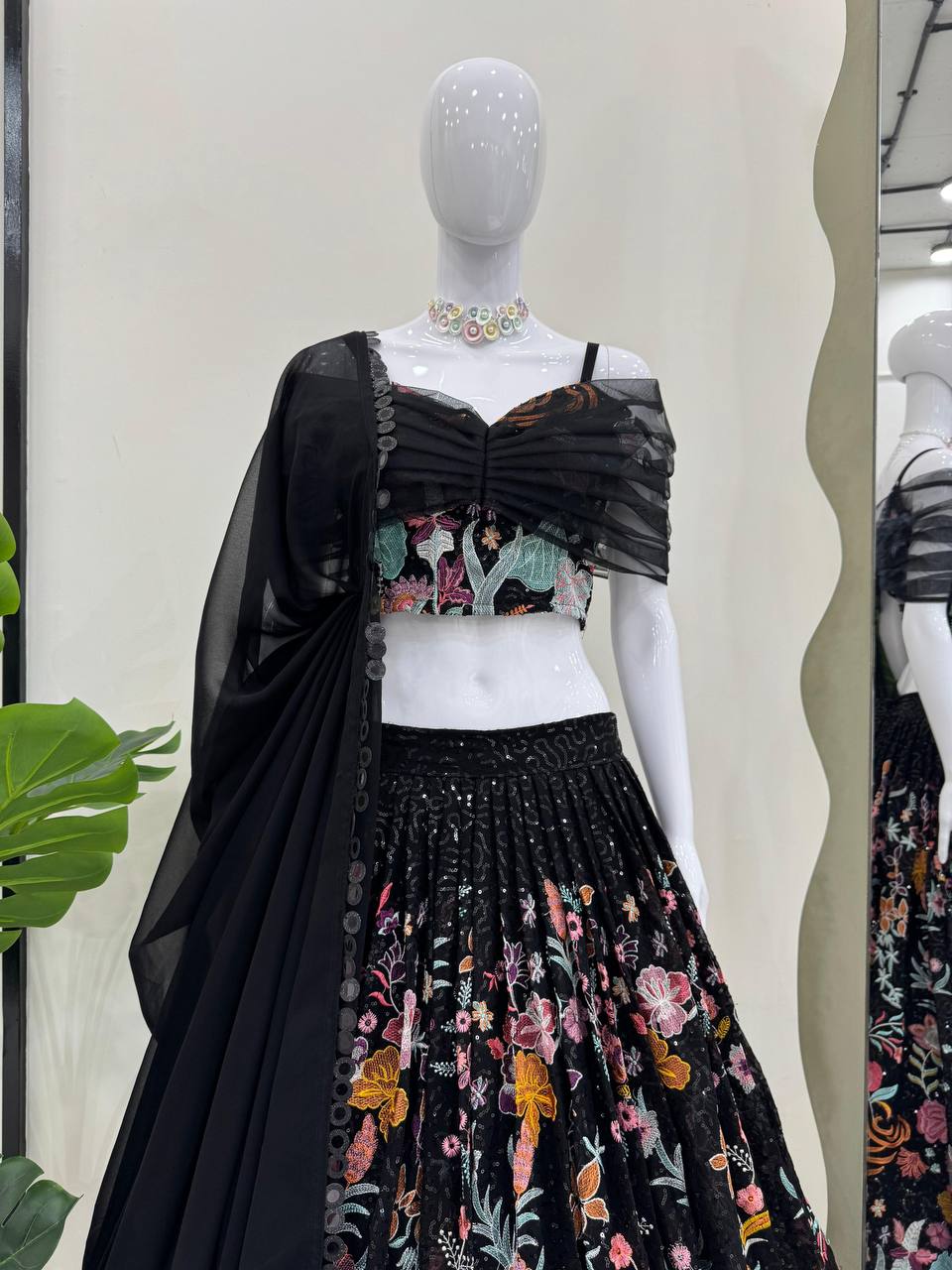 Black Elegant Faux Georgette Semi-Stitched Lehenga Set with Thread & Sequin Work ClothsVilla