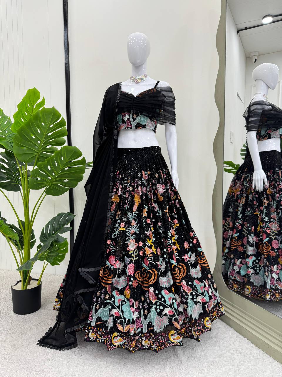 Black Elegant Faux Georgette Semi-Stitched Lehenga Set with Thread & Sequin Work ClothsVilla