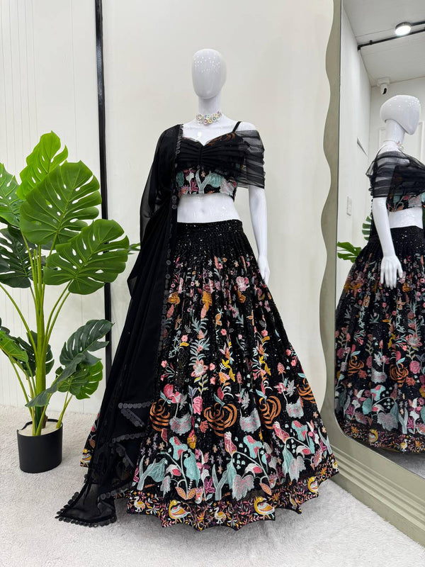 Black Elegant Faux Georgette Semi-Stitched Lehenga Set with Thread & Sequin Work ClothsVilla