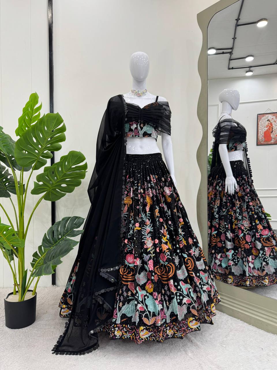 Black Elegant Faux Georgette Semi-Stitched Lehenga Set with Thread & Sequin Work ClothsVilla