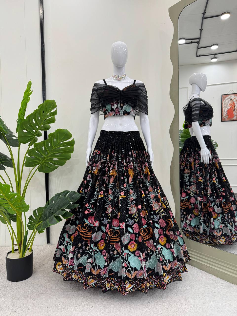 Black Elegant Faux Georgette Semi-Stitched Lehenga Set with Thread & Sequin Work ClothsVilla