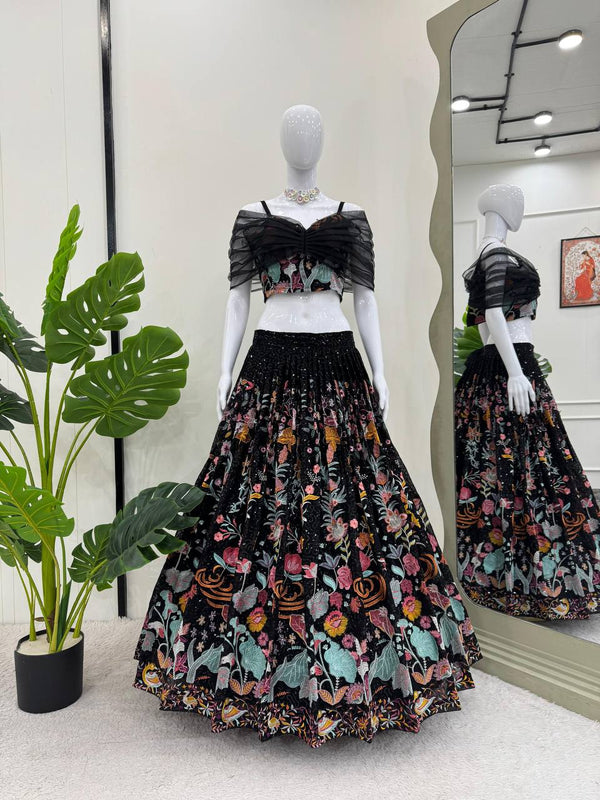 Black Elegant Faux Georgette Semi-Stitched Lehenga Set with Thread & Sequin Work ClothsVilla