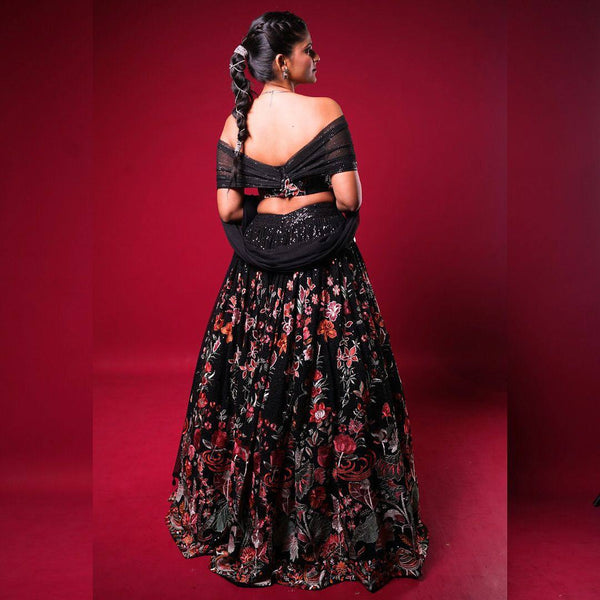 Black Elegant Faux Georgette Semi-Stitched Lehenga Set with Thread & Sequin Work ClothsVilla