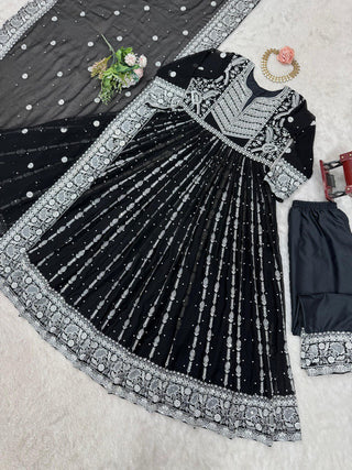 Black Elegant Faux Georgette Thread & Sequin Embellished Suit Set with Rivet Moti Detailing ClothsVilla