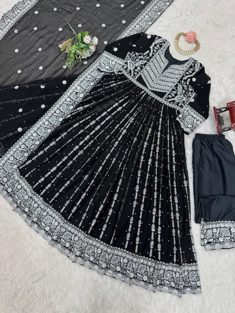 Black Elegant Faux Georgette Thread & Sequin Embellished Suit Set with Rivet Moti Detailing ClothsVilla