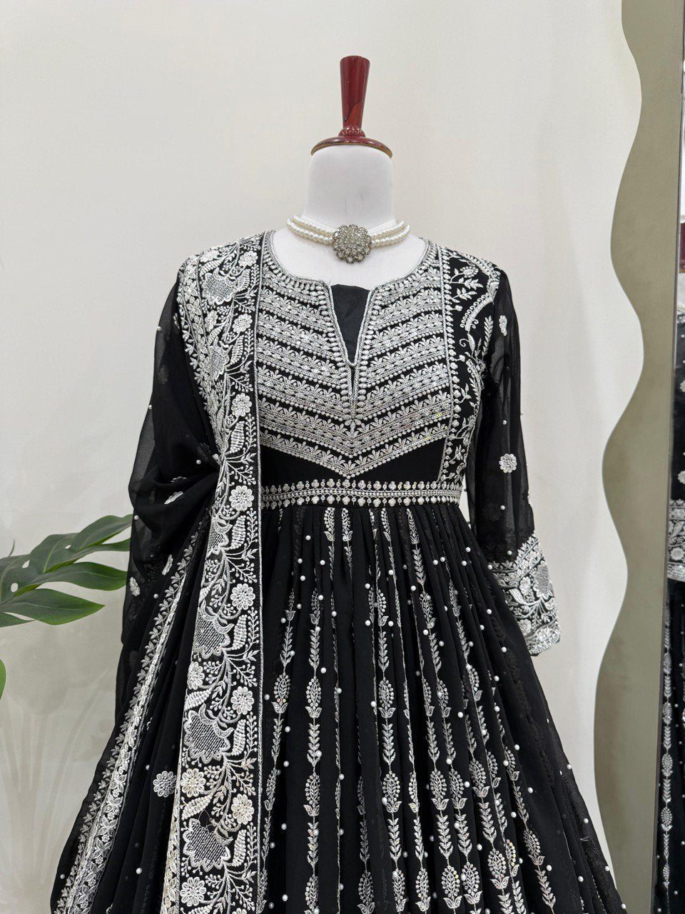 Black Elegant Faux Georgette Thread & Sequin Embellished Suit Set with Rivet Moti Detailing ClothsVilla