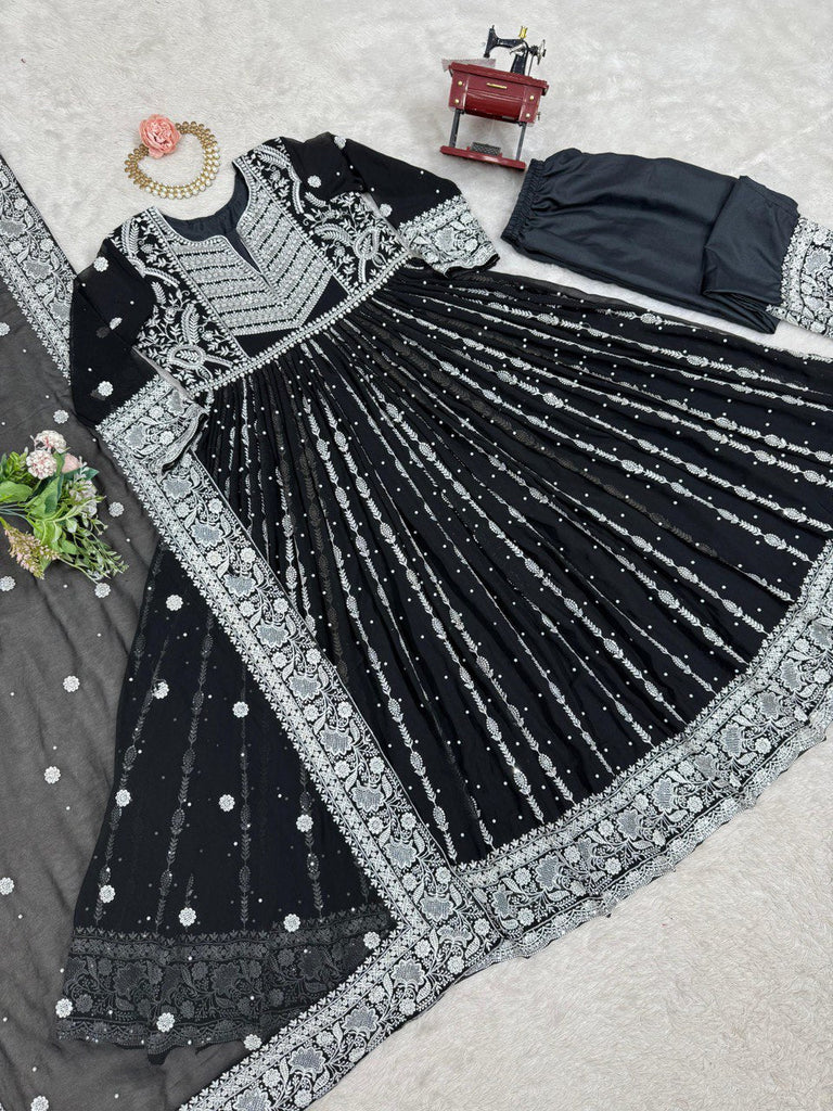 Black Elegant Faux Georgette Thread & Sequin Embellished Suit Set with Rivet Moti Detailing ClothsVilla