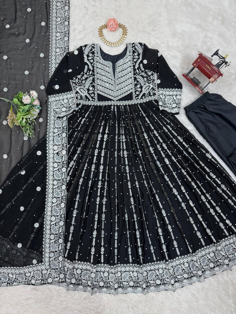 Black Elegant Faux Georgette Thread & Sequin Embellished Suit Set with Rivet Moti Detailing ClothsVilla
