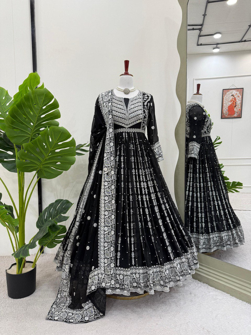 Black Elegant Faux Georgette Thread & Sequin Embellished Suit Set with Rivet Moti Detailing ClothsVilla