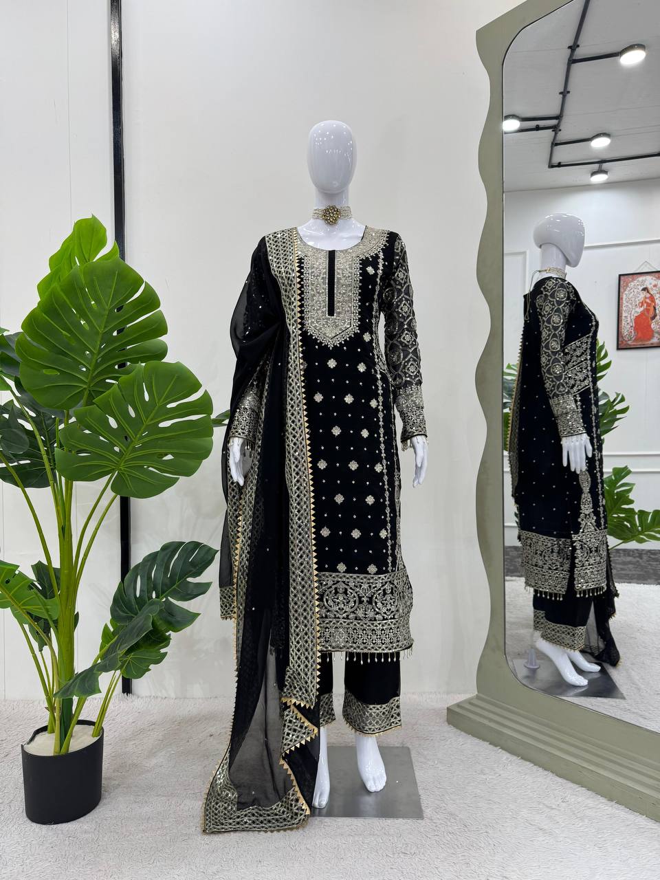 Black Elegant Faux Georgette Thread & Sequin Embroidered Suit Set ClothsVilla