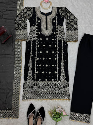 Black Elegant Faux Georgette Thread & Sequin Embroidered Suit Set ClothsVilla
