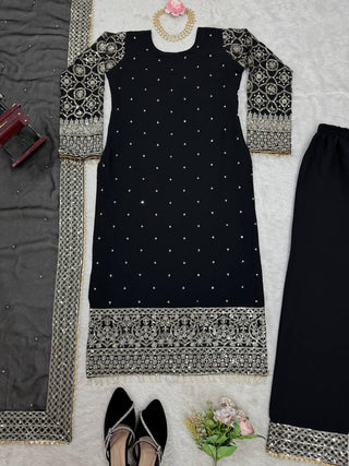 Black Elegant Faux Georgette Thread & Sequin Embroidered Suit Set ClothsVilla