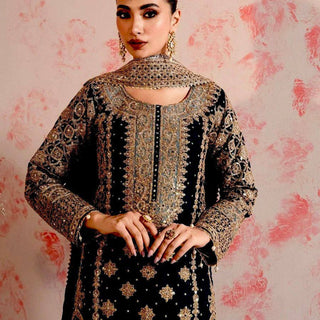 Black Elegant Faux Georgette Thread & Sequin Embroidered Suit Set ClothsVilla