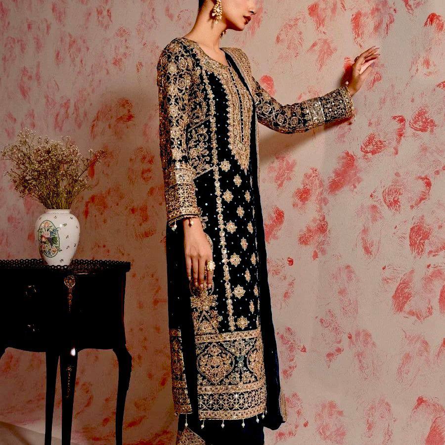 Black Elegant Faux Georgette Thread & Sequin Embroidered Suit Set ClothsVilla
