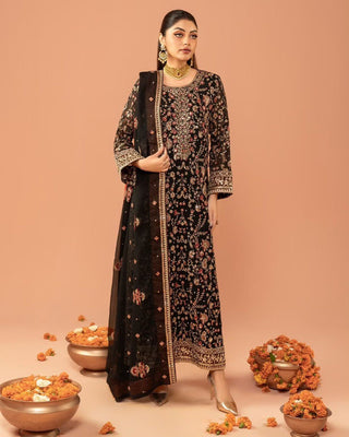 Black Elegant Faux Georgette Threadwork Suit with Real Diamond Accents