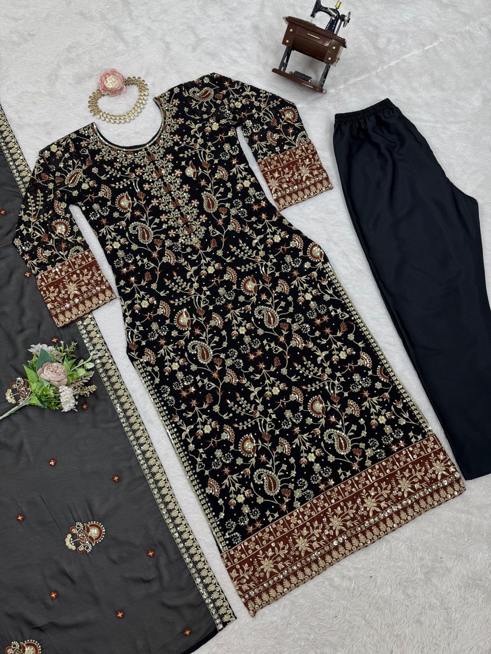 Black Elegant Faux Georgette Threadwork Suit with Real Diamond Accents