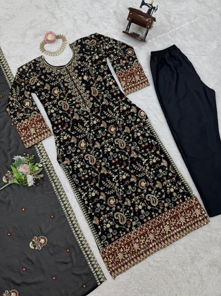 Black Elegant Faux Georgette Threadwork Suit with Real Diamond Accents