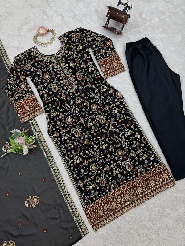 Black Elegant Faux Georgette Threadwork Suit with Real Diamond Accents