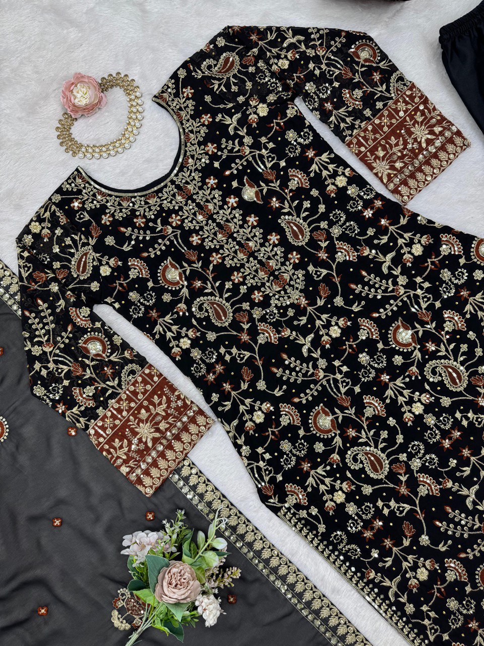 Black Elegant Faux Georgette Threadwork Suit with Real Diamond Accents