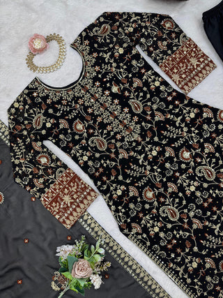 Black Elegant Faux Georgette Threadwork Suit with Real Diamond Accents