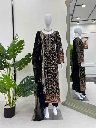 Black Elegant Faux Georgette Threadwork Suit with Real Diamond Accents