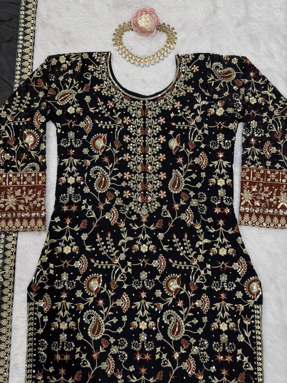 Black Elegant Faux Georgette Threadwork Suit with Real Diamond Accents