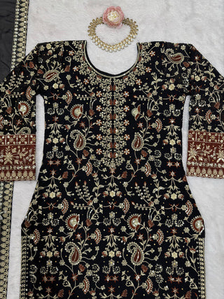 Black Elegant Faux Georgette Threadwork Suit with Real Diamond Accents